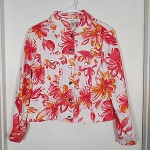 Women’s PXS Stretch Floral Jacket Coral Orange Cotton Button Colorful